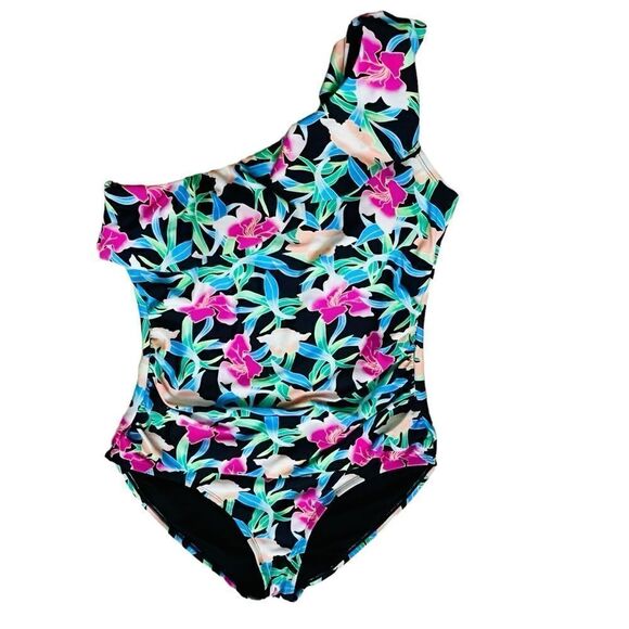 Hilor One-Shoulder Multicolor Floral Asymmetric Ruffle One-Piece Swimsuit 14 - Picture 1 of 16